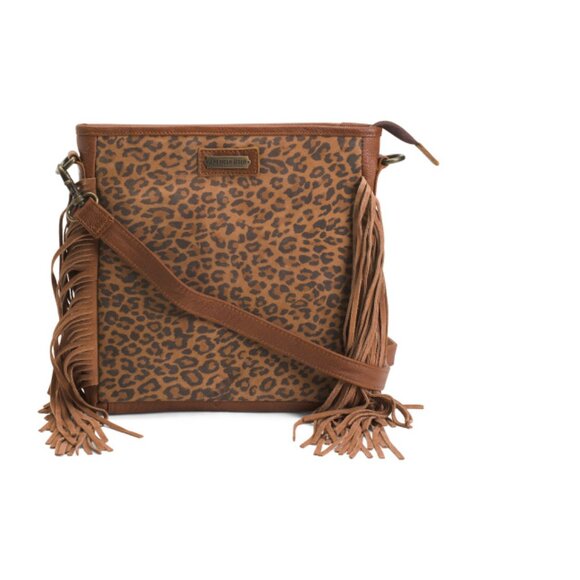 AMERICAN BISON Tan Leather Fringe Crossbody With Leopard Detail - Picture 1 of 2